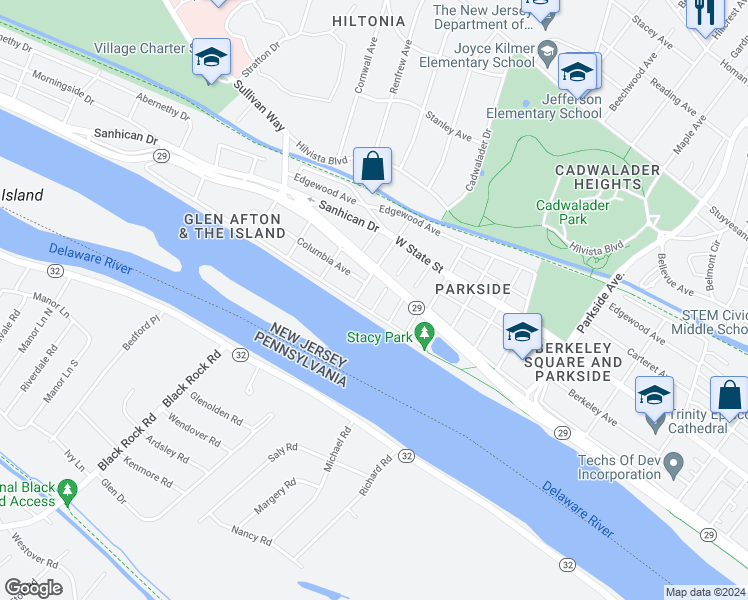 map of restaurants, bars, coffee shops, grocery stores, and more near 107 Laclede Avenue in Trenton