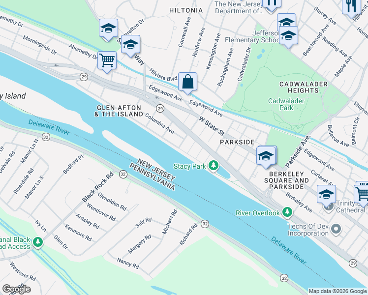 map of restaurants, bars, coffee shops, grocery stores, and more near 107 Laclede Avenue in Trenton