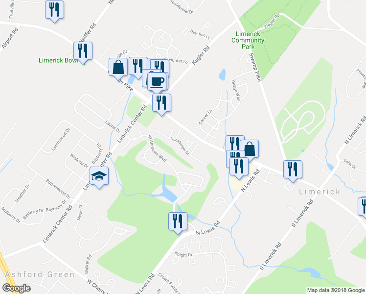 map of restaurants, bars, coffee shops, grocery stores, and more near 1402 Richards Court in Royersford