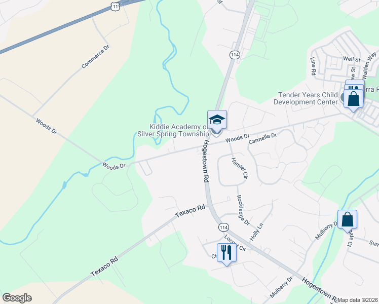 map of restaurants, bars, coffee shops, grocery stores, and more near 208 Woods Drive in Mechanicsburg