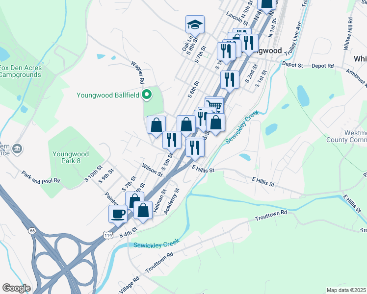 map of restaurants, bars, coffee shops, grocery stores, and more near 315 South 5th Street in Youngwood