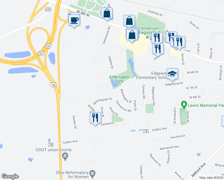 map of restaurants, bars, coffee shops, grocery stores, and more near 496 Aldersgate Street in Marysville