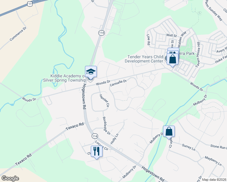 map of restaurants, bars, coffee shops, grocery stores, and more near 427 Carmella Drive in Mechanicsburg