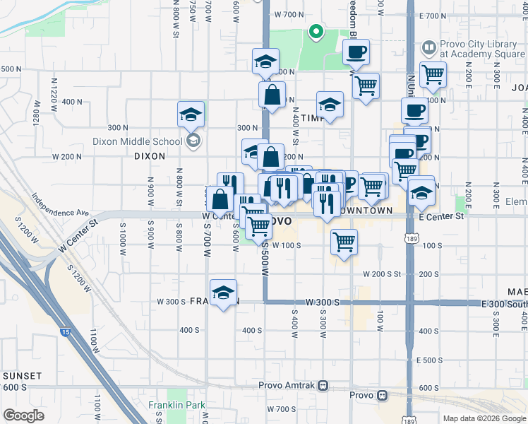 map of restaurants, bars, coffee shops, grocery stores, and more near 7 North 500 West in Provo