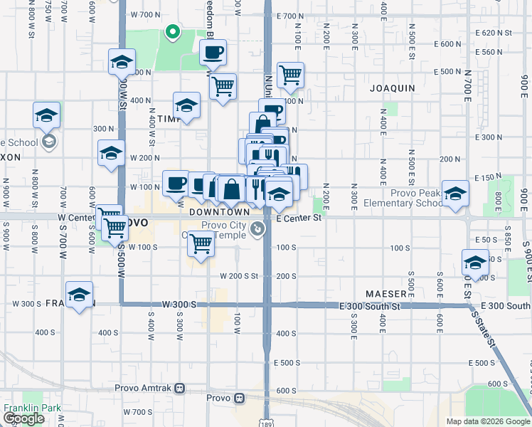 map of restaurants, bars, coffee shops, grocery stores, and more near 1 North University Avenue in Provo