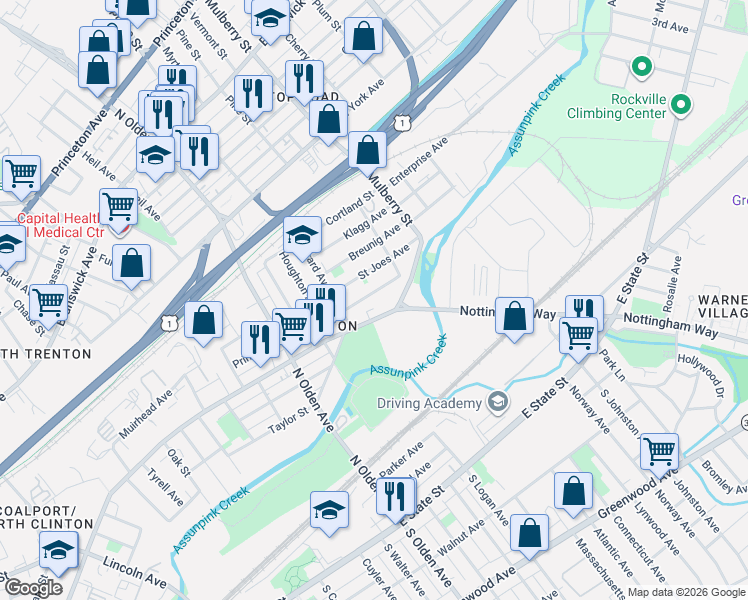 map of restaurants, bars, coffee shops, grocery stores, and more near 85 Mechanics Avenue in Trenton