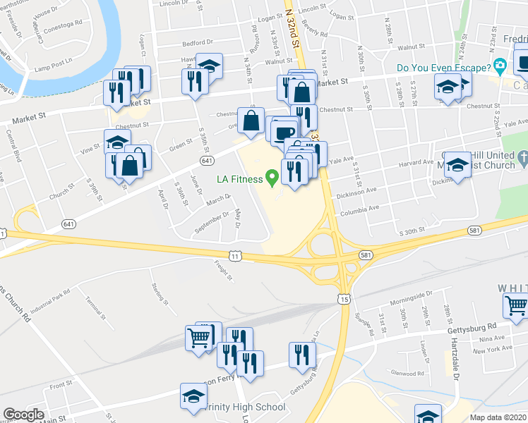 map of restaurants, bars, coffee shops, grocery stores, and more near 81 November Drive in Camp Hill