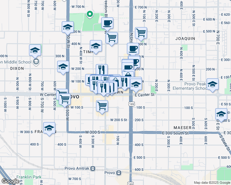 map of restaurants, bars, coffee shops, grocery stores, and more near 104 West Center Street in Provo