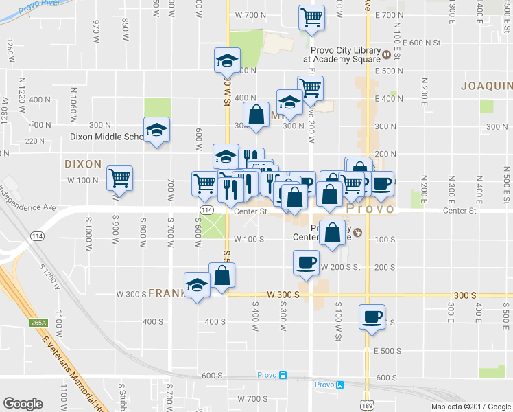 map of restaurants, bars, coffee shops, grocery stores, and more near 34 North 400 West Street in Provo