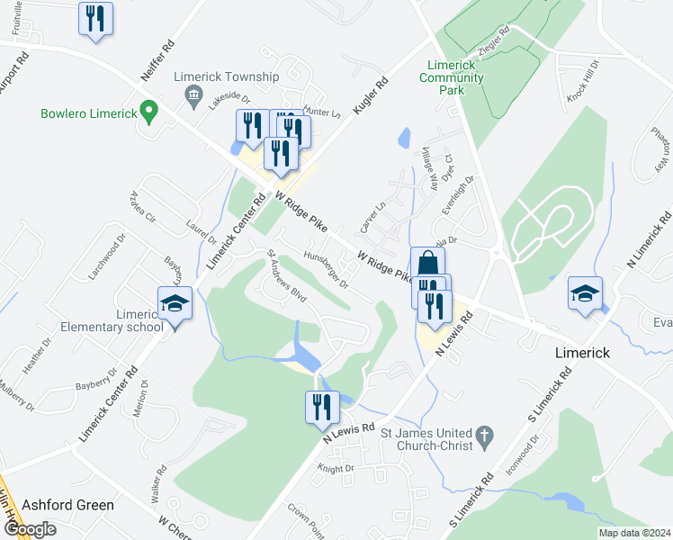 map of restaurants, bars, coffee shops, grocery stores, and more near 1204 Richards Court in Royersford