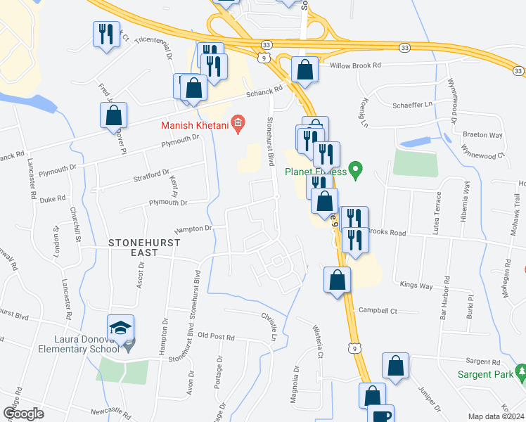 map of restaurants, bars, coffee shops, grocery stores, and more near 3 Windsor Terrace in Freehold