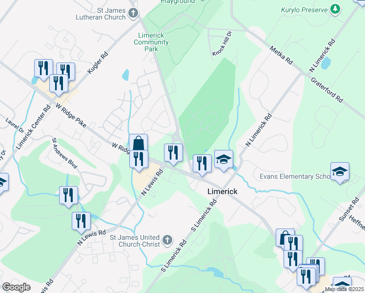map of restaurants, bars, coffee shops, grocery stores, and more near 47 Swamp Pike in Royersford