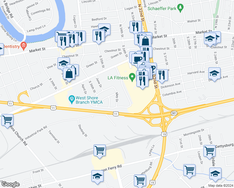 map of restaurants, bars, coffee shops, grocery stores, and more near 107 May Drive in Camp Hill