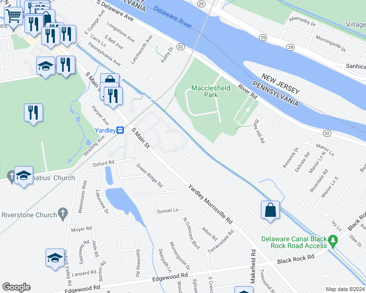map of restaurants, bars, coffee shops, grocery stores, and more near 2120 Yardley Commons in Yardley