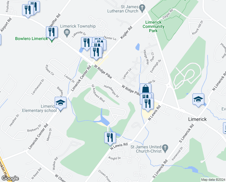 map of restaurants, bars, coffee shops, grocery stores, and more near 1805 Hunsberger Drive in Royersford