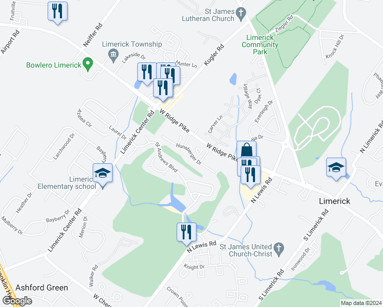 map of restaurants, bars, coffee shops, grocery stores, and more near 1803 Hunsberger Drive in Royersford