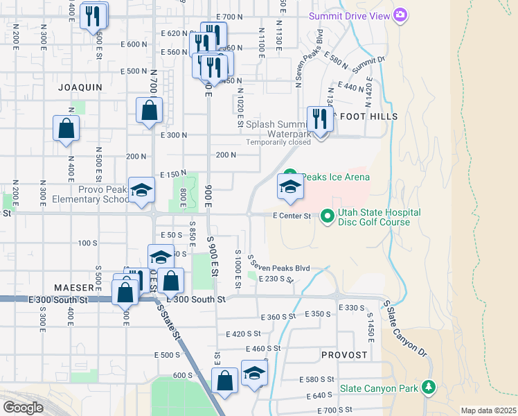 map of restaurants, bars, coffee shops, grocery stores, and more near 1079 East Center Street in Provo