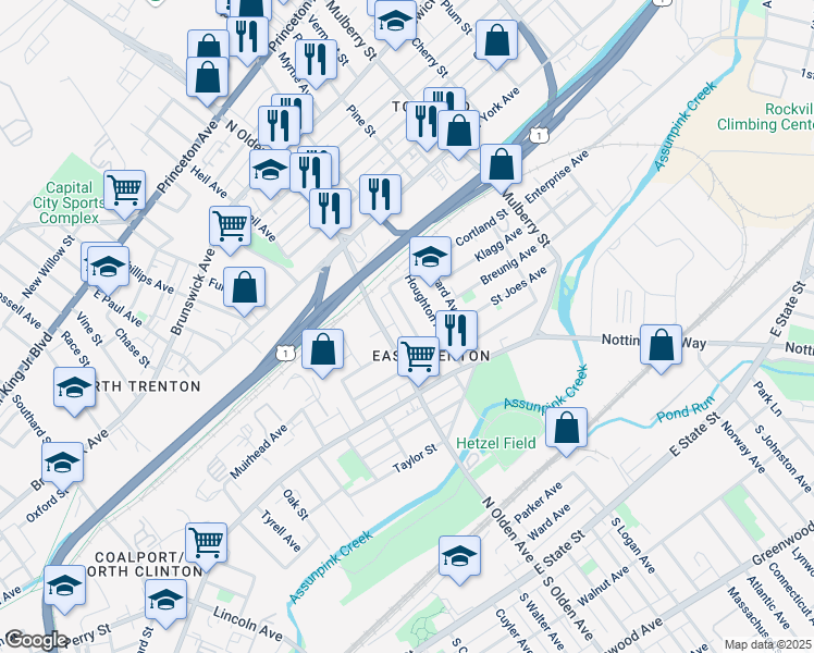 map of restaurants, bars, coffee shops, grocery stores, and more near 131 Sherman Avenue in Trenton