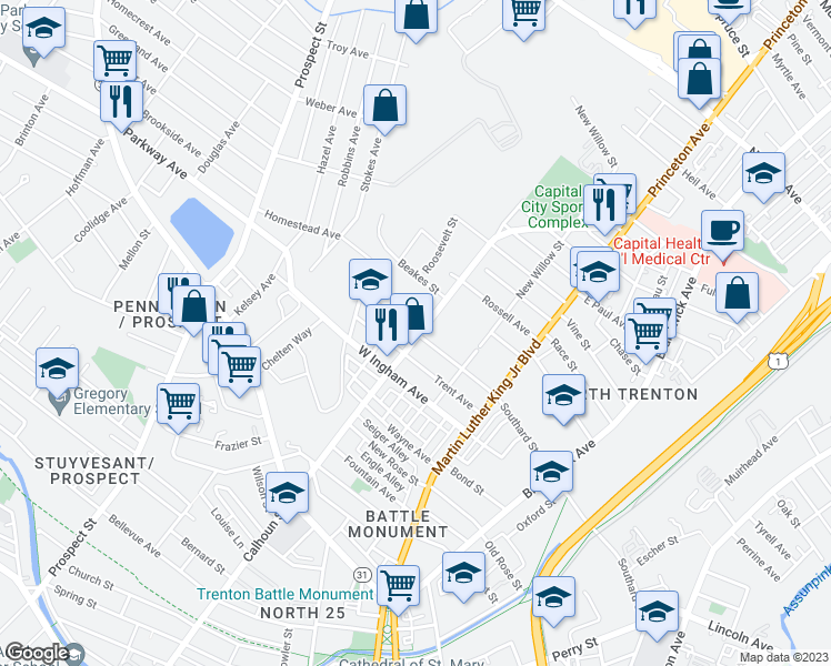 map of restaurants, bars, coffee shops, grocery stores, and more near 1006 Southard Street in Ewing Township