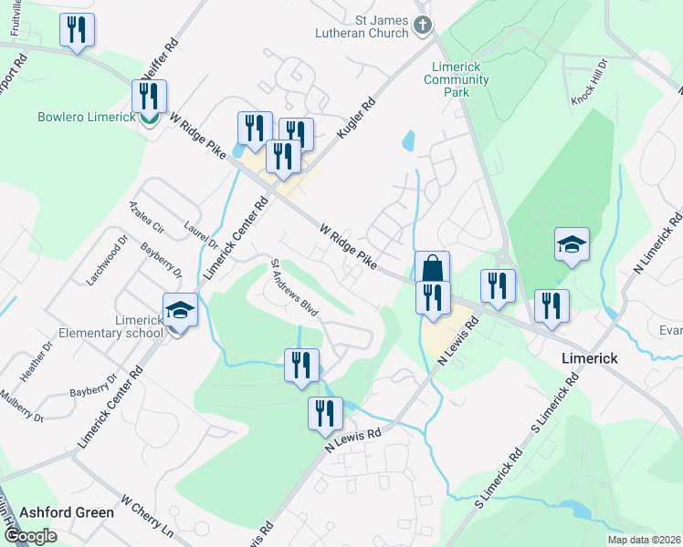 map of restaurants, bars, coffee shops, grocery stores, and more near 1204 Richards Court in Royersford