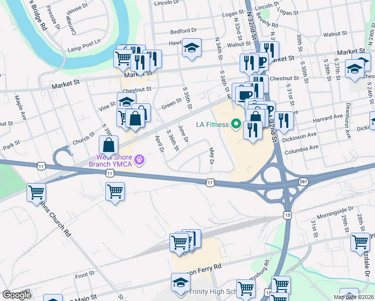 map of restaurants, bars, coffee shops, grocery stores, and more near 114 June Drive in Camp Hill