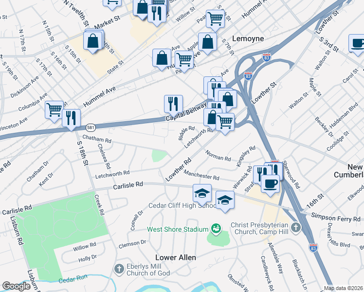 map of restaurants, bars, coffee shops, grocery stores, and more near 24 Riddle Road in Camp Hill
