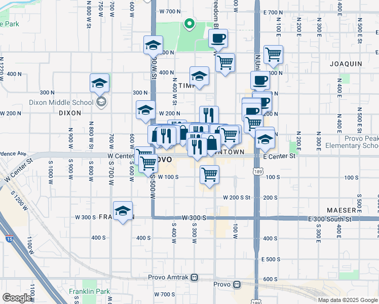 map of restaurants, bars, coffee shops, grocery stores, and more near 330 West Center Street in Provo
