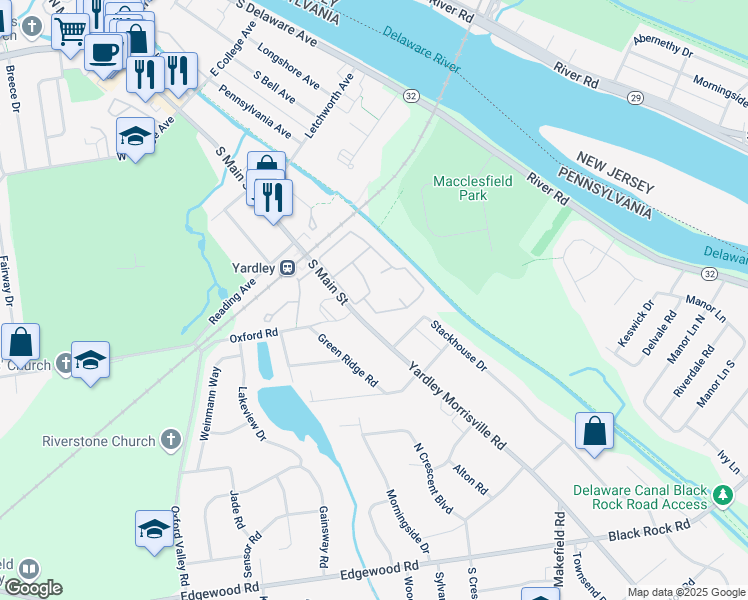 map of restaurants, bars, coffee shops, grocery stores, and more near 1407 Yardley Commons in Yardley