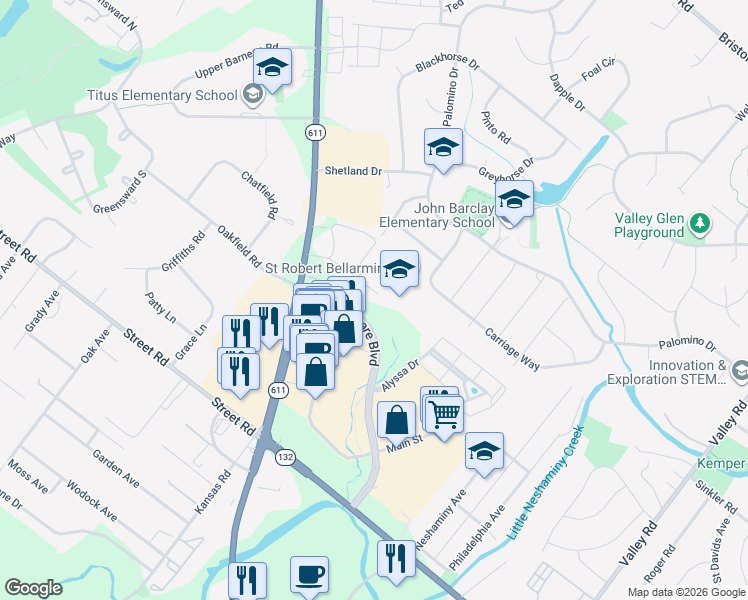 map of restaurants, bars, coffee shops, grocery stores, and more near 2117 Georges Lane in Warrington