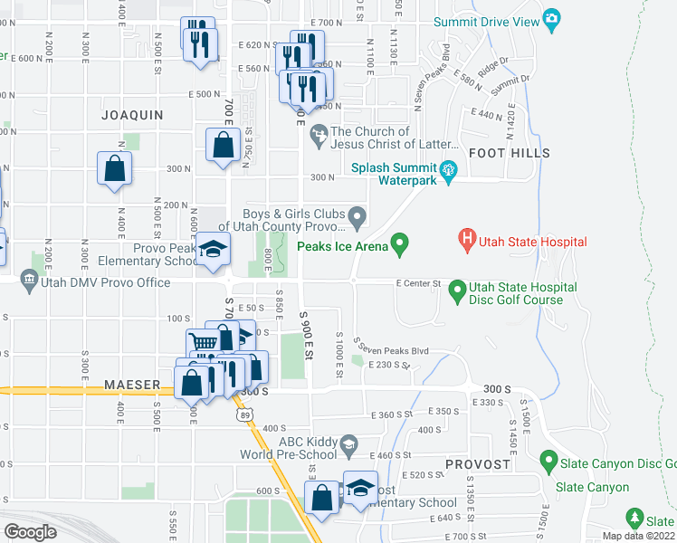 map of restaurants, bars, coffee shops, grocery stores, and more near 976 100 North in Provo