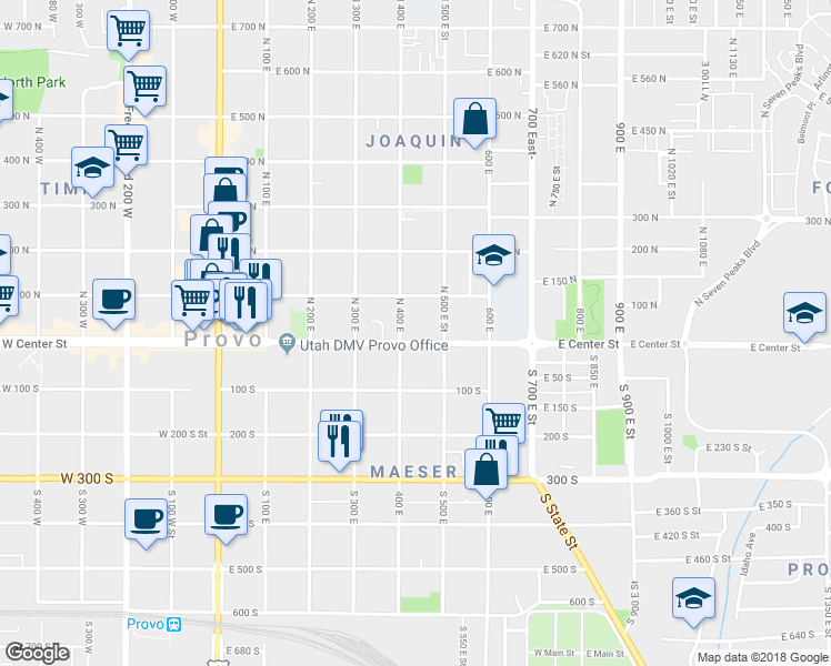 map of restaurants, bars, coffee shops, grocery stores, and more near 34 North 400 West in Provo