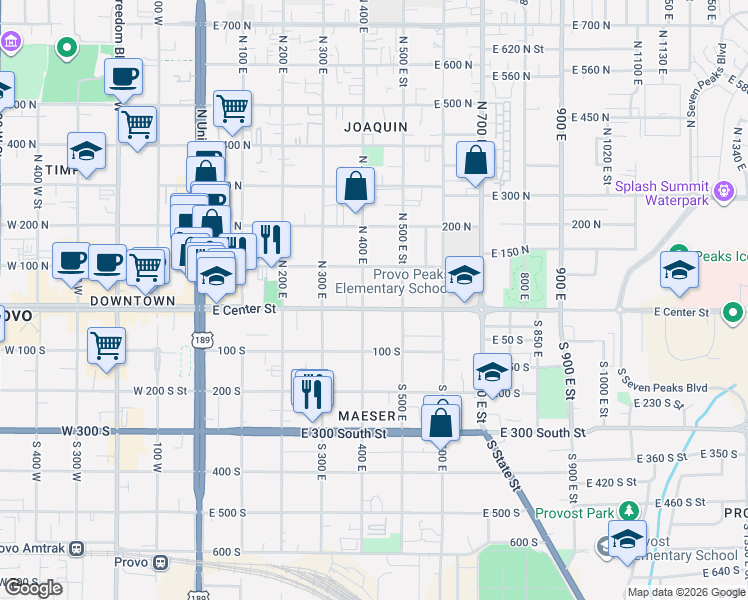 map of restaurants, bars, coffee shops, grocery stores, and more near 34 North 400 West in Provo