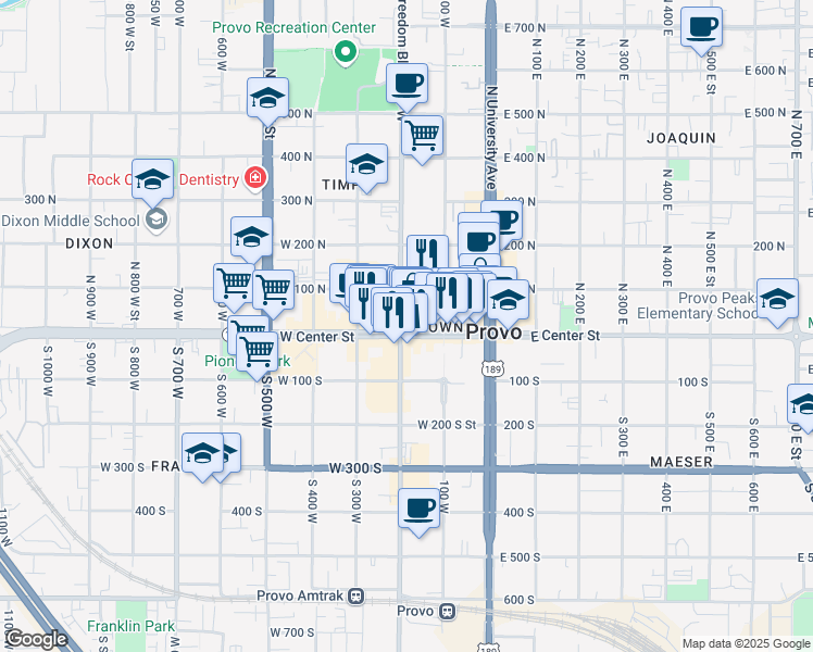 map of restaurants, bars, coffee shops, grocery stores, and more near 104 West Center Street in Provo