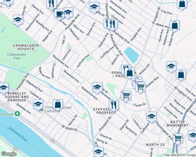 map of restaurants, bars, coffee shops, grocery stores, and more near 58 Hayes Avenue in Trenton