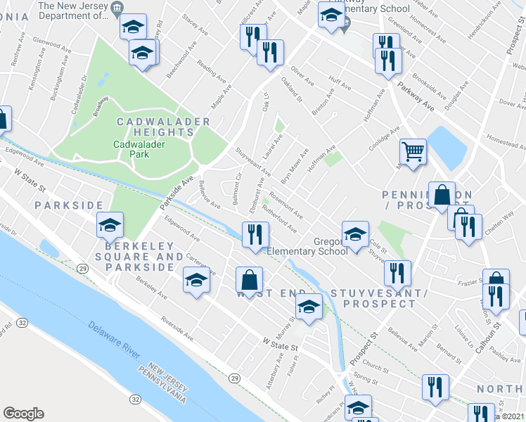 map of restaurants, bars, coffee shops, grocery stores, and more near 215 Rosemont Avenue in Trenton