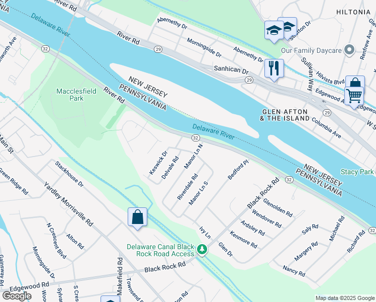 map of restaurants, bars, coffee shops, grocery stores, and more near 855 Manor Lane in Yardley