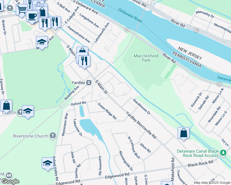 map of restaurants, bars, coffee shops, grocery stores, and more near 1407 Yardley Commons in Yardley