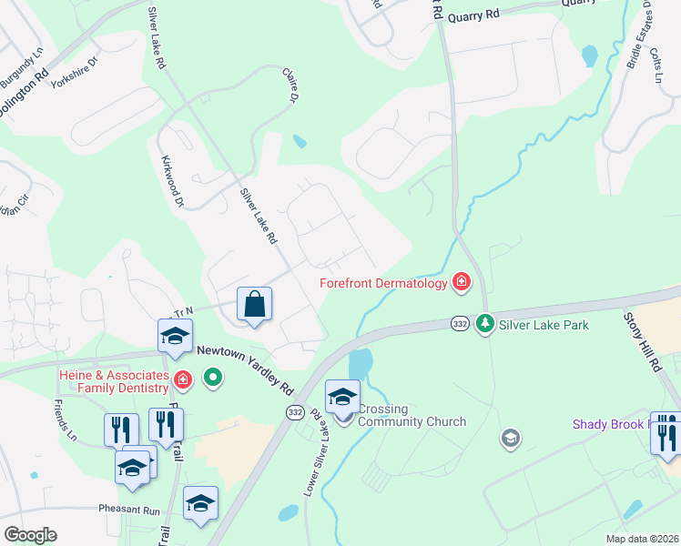 map of restaurants, bars, coffee shops, grocery stores, and more near 110 Willow Drive in Newtown