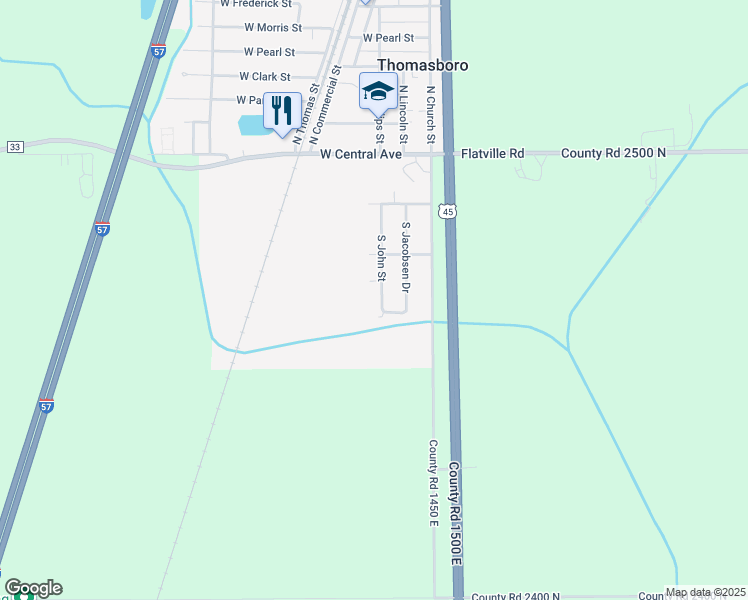 map of restaurants, bars, coffee shops, grocery stores, and more near 308 South John Street in Thomasboro