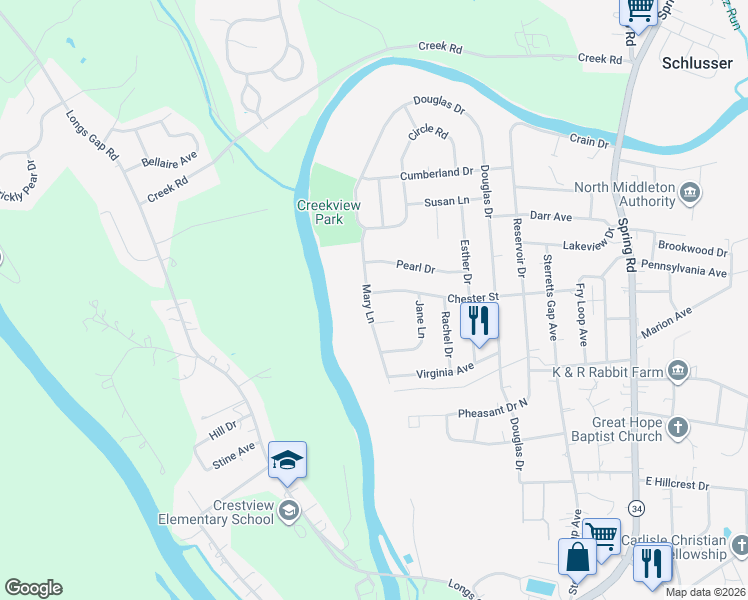 map of restaurants, bars, coffee shops, grocery stores, and more near 1900 Mary Lane in Carlisle