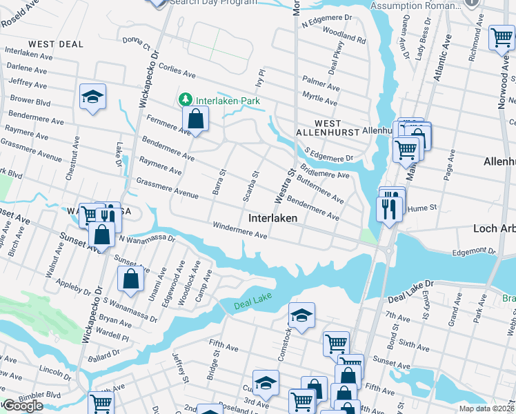 map of restaurants, bars, coffee shops, grocery stores, and more near 410 Bendermere Avenue in Interlaken