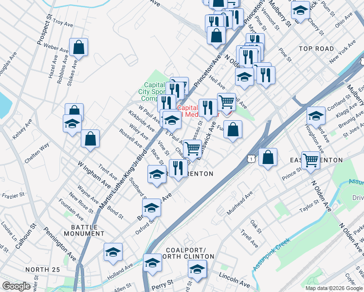 map of restaurants, bars, coffee shops, grocery stores, and more near 12 Dexter Street in Trenton