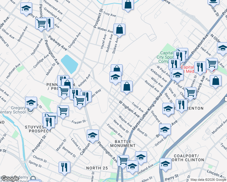 map of restaurants, bars, coffee shops, grocery stores, and more near 550 West Ingham Avenue in Ewing Township