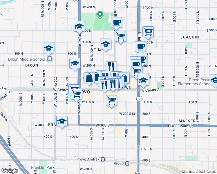 map of restaurants, bars, coffee shops, grocery stores, and more near 220 West Center Street in Provo