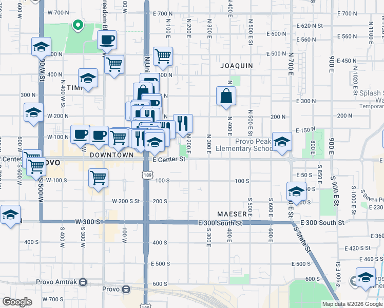 map of restaurants, bars, coffee shops, grocery stores, and more near 65 North 200 East in Provo