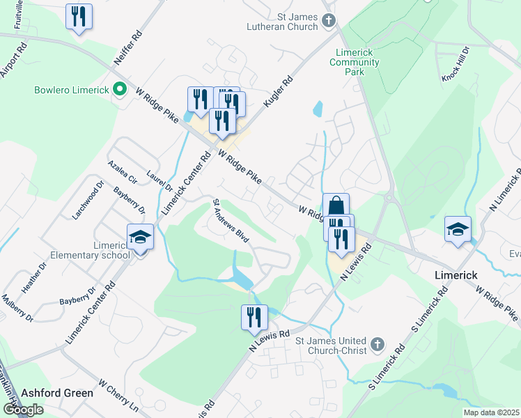 map of restaurants, bars, coffee shops, grocery stores, and more near 1703 Hunsberger Drive in Royersford