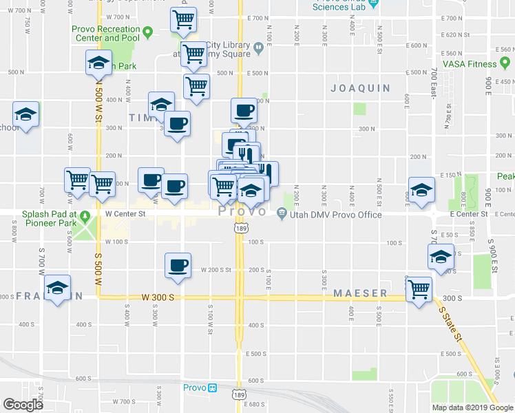 map of restaurants, bars, coffee shops, grocery stores, and more near 61 North 100 East in Provo