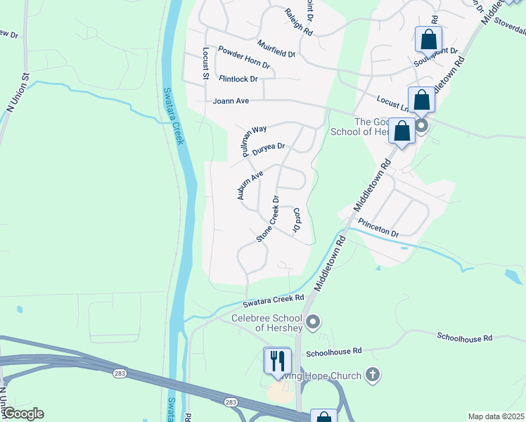 map of restaurants, bars, coffee shops, grocery stores, and more near 2390 Pullman Way in Hummelstown
