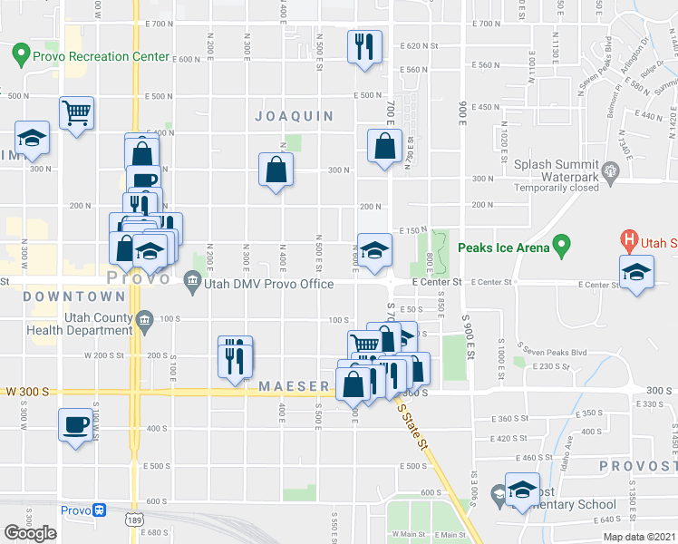 map of restaurants, bars, coffee shops, grocery stores, and more near 555 East Center Street in Provo