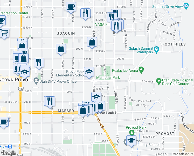 map of restaurants, bars, coffee shops, grocery stores, and more near 731 Center Street in Provo